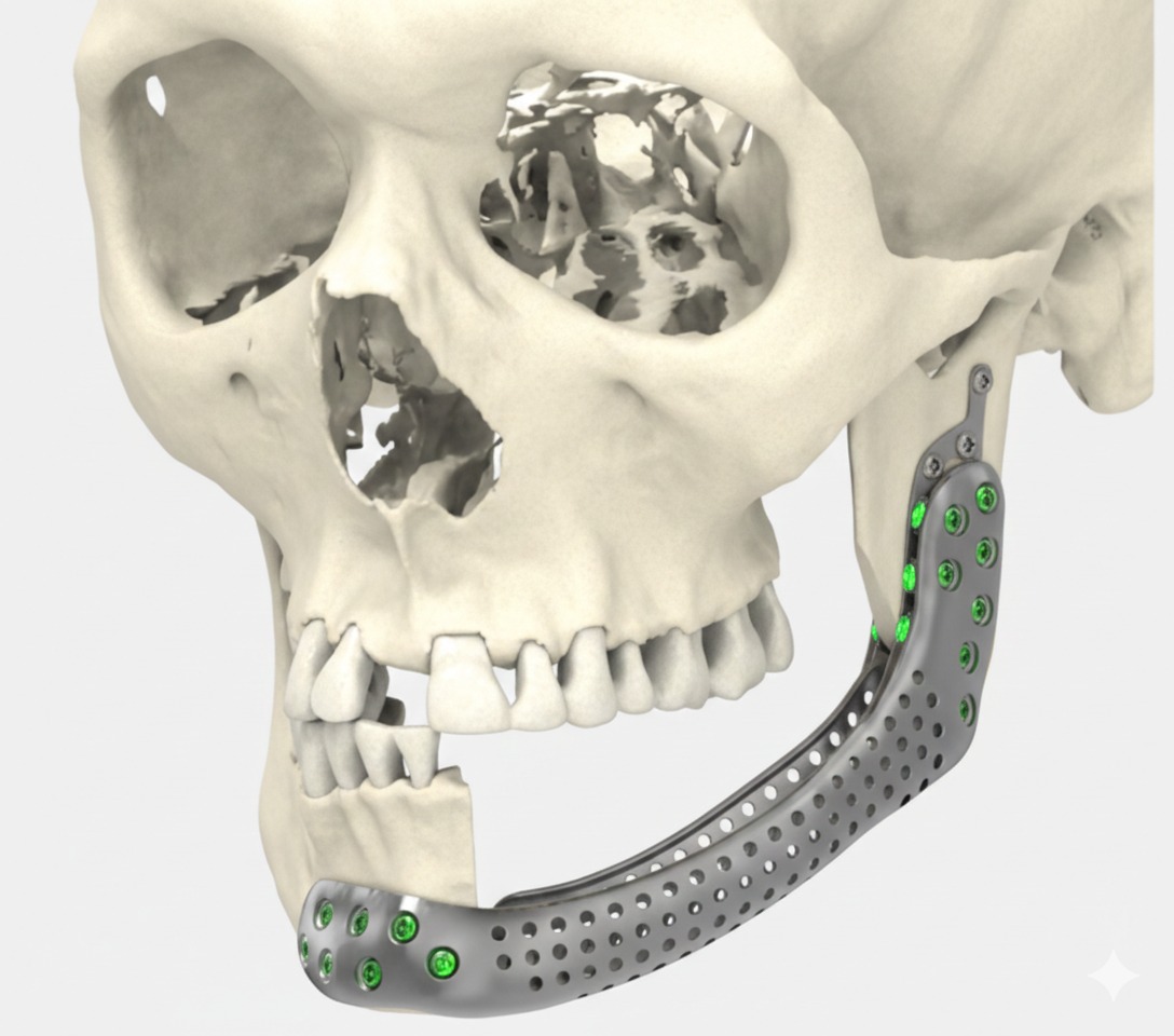 Custom mandibular implant with titanium plate on skull model